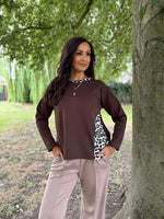 Chocolate Leopard Trim Sweat Top Kathy